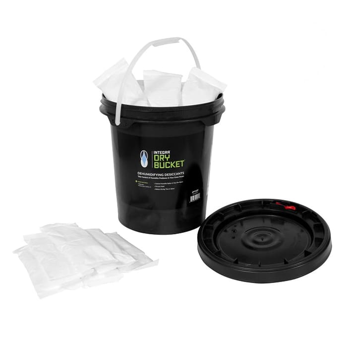 Black bucket with dehumidifying desiccants inside.