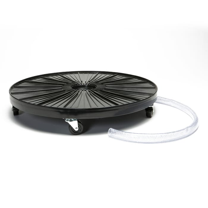 Black circular platform with wheels and hose.