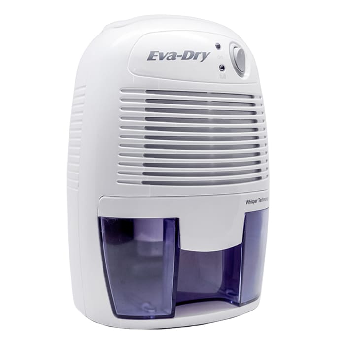 White electric dehumidifier with transparent tank.