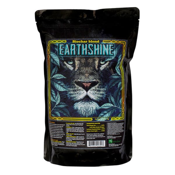 Black bag with biochar blend and lion graphic.