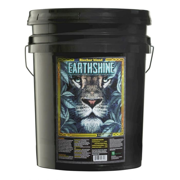 Black bucket labeled "Earthshine" with lion design.