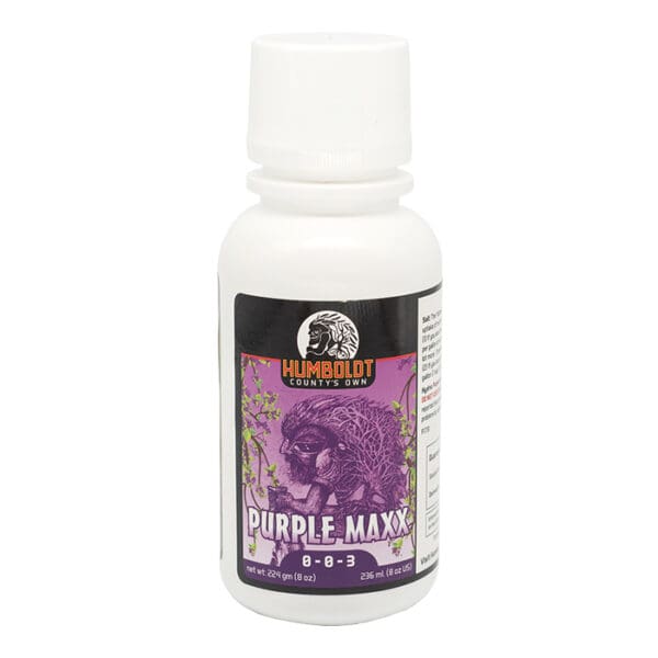 Bottle of Purple Maxx plant nutrient solution.