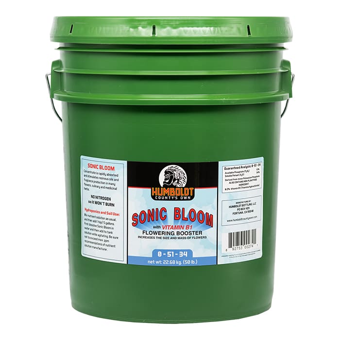 Green bucket of Sonic Bloom flower booster.