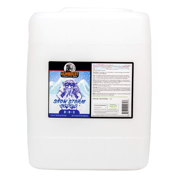 White container labeled "Snow Storm Ultra" fertilizer.