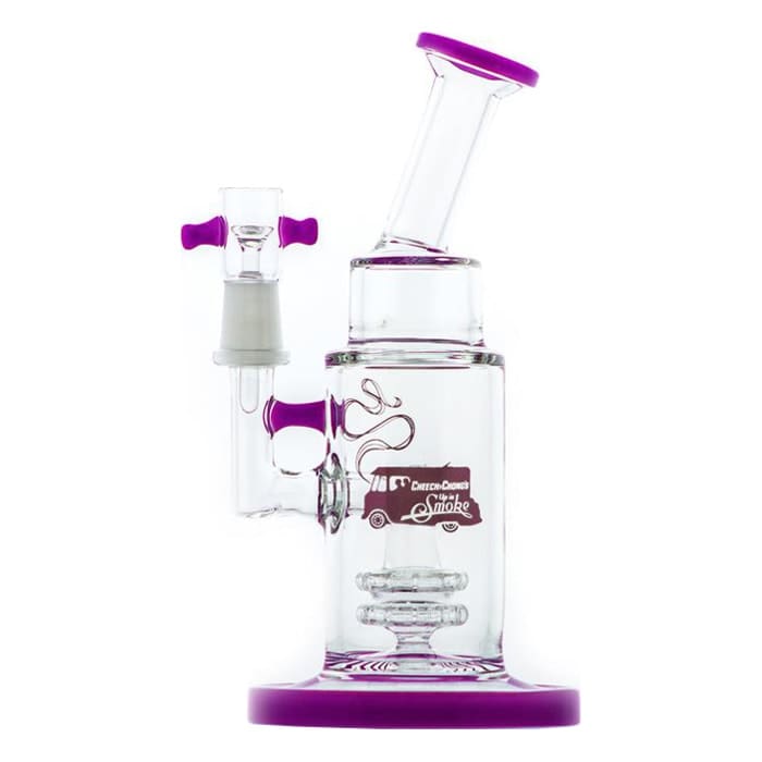 Glass bong with purple accents and details.