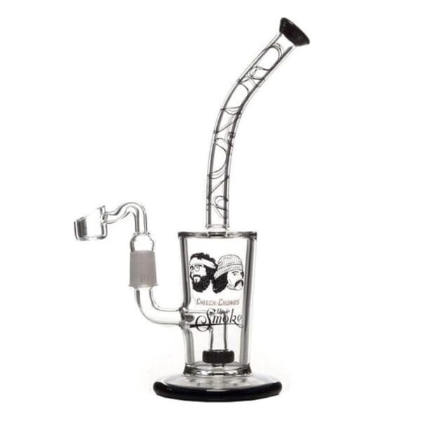 Glass water pipe with Cheech and Chong design.