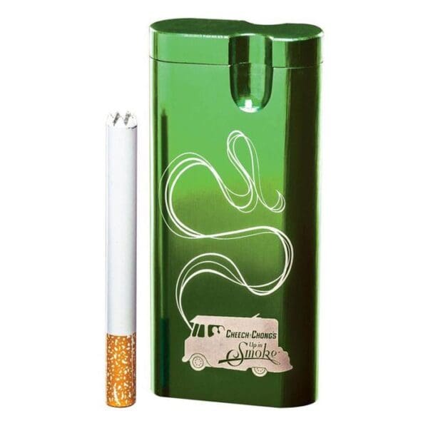 Green cigarette case with decorative design.