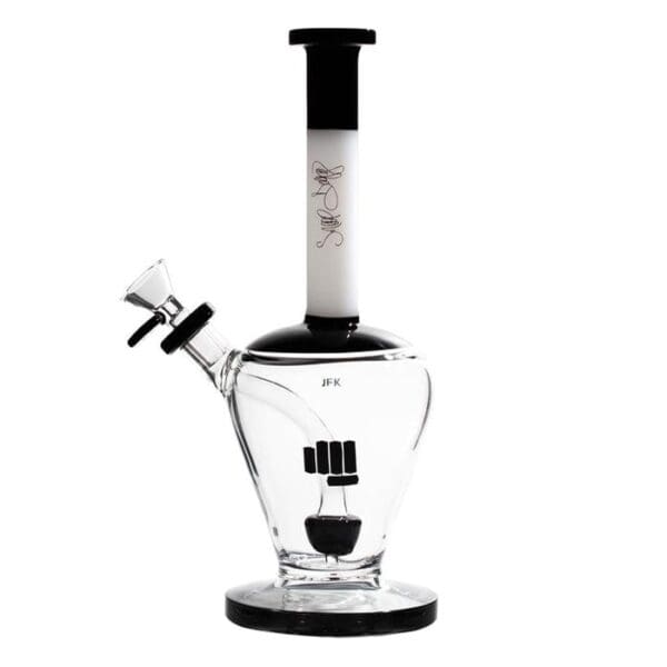 Clear glass bong with black accents.