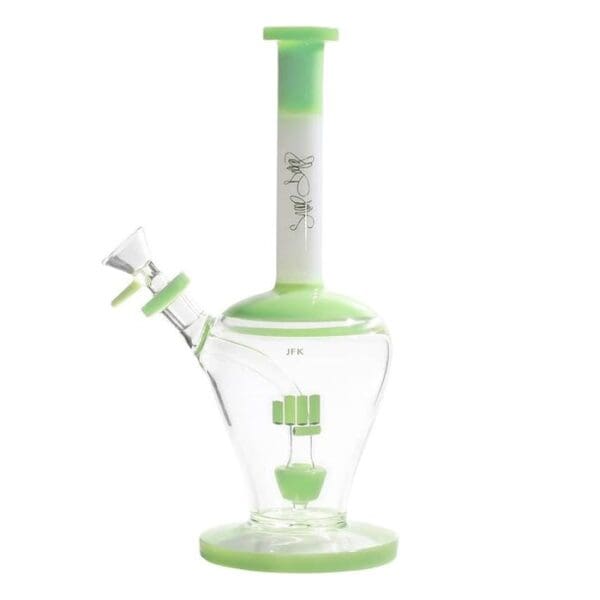 Glass bong with green accents and design.