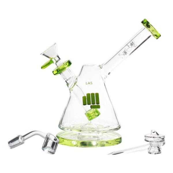 Glass water pipe with green accents.