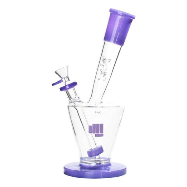 Purple glass bong with unique design.