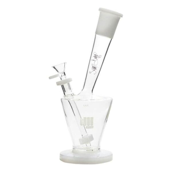 Clear glass bong with white accents.