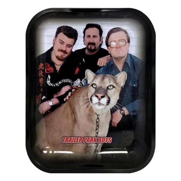 "Three men with a chained cougar."