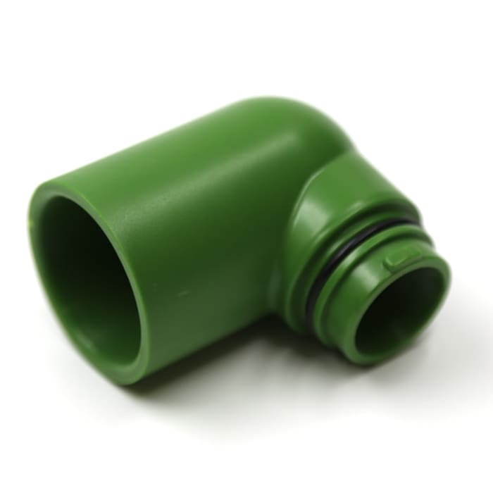 Green plastic elbow pipe fitting.