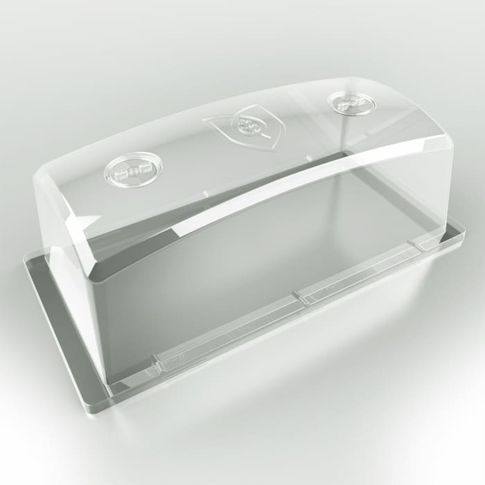 Clear display case with two circular openings.