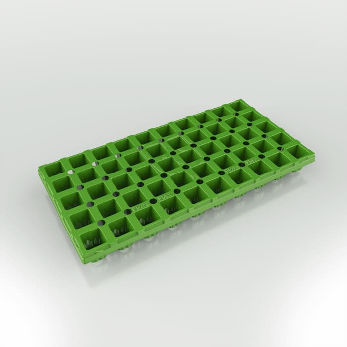 Green plastic seed tray with multiple cells.