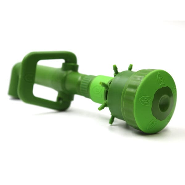 Green garden hose nozzle with adjustable settings.