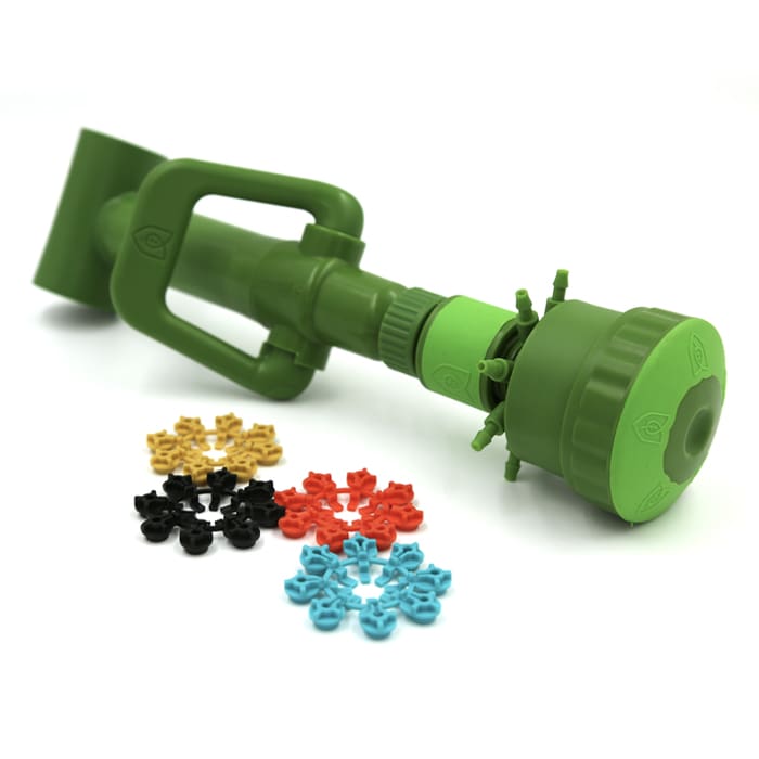 Green toy sprayer with colorful attachments.