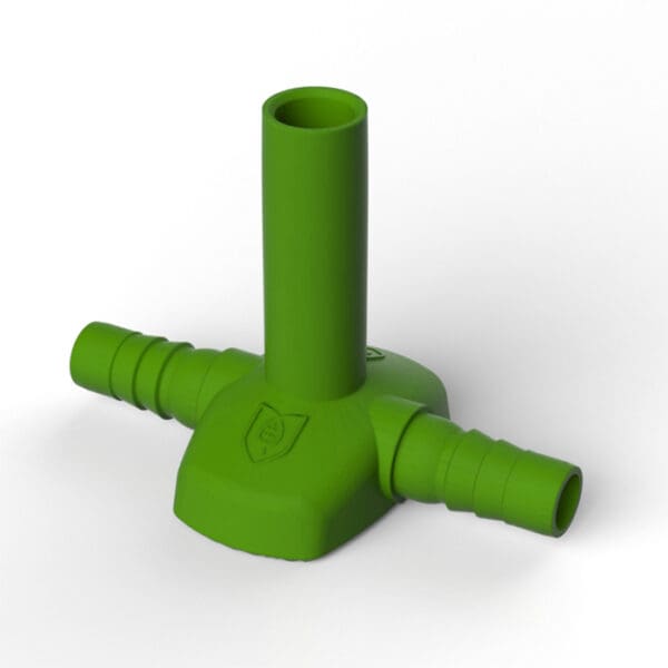 Green plastic connector with three tubes.