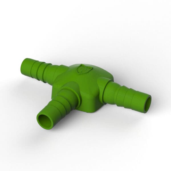 Green plastic connector with three outlets.