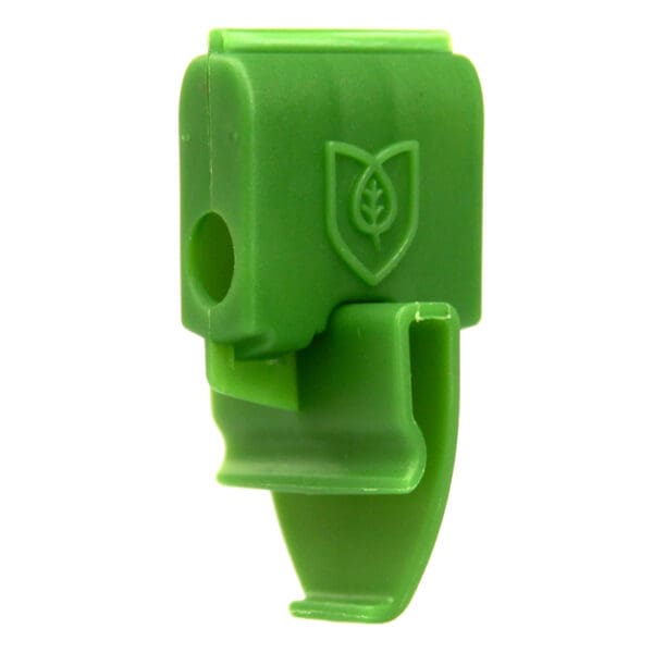 Green plastic clip with leaf logo.