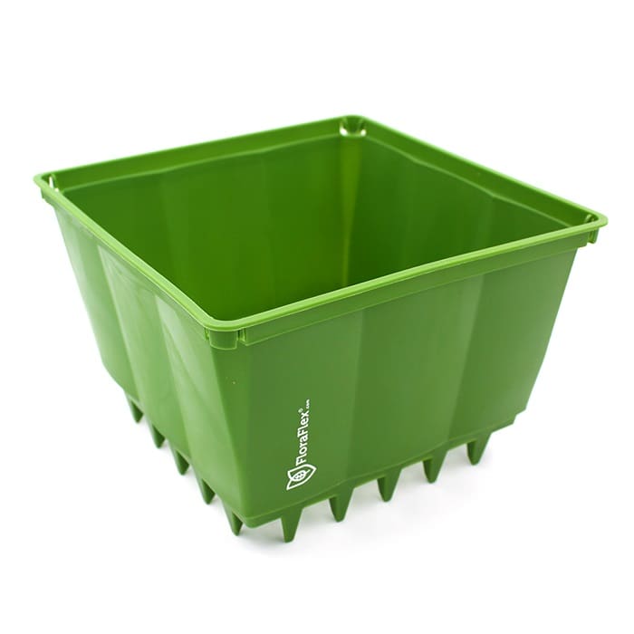 Green square plastic container for plants.