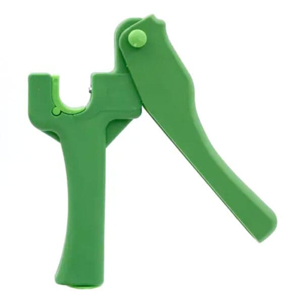 Green handheld tool for opening bottles.