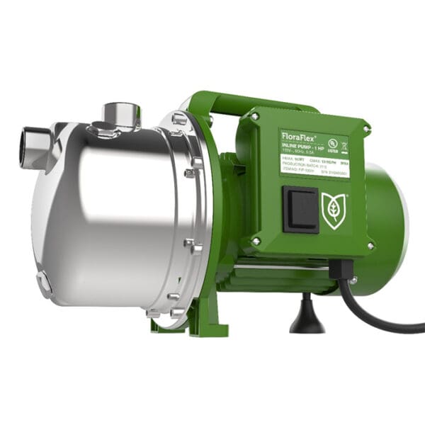 Inline water pump with green housing.