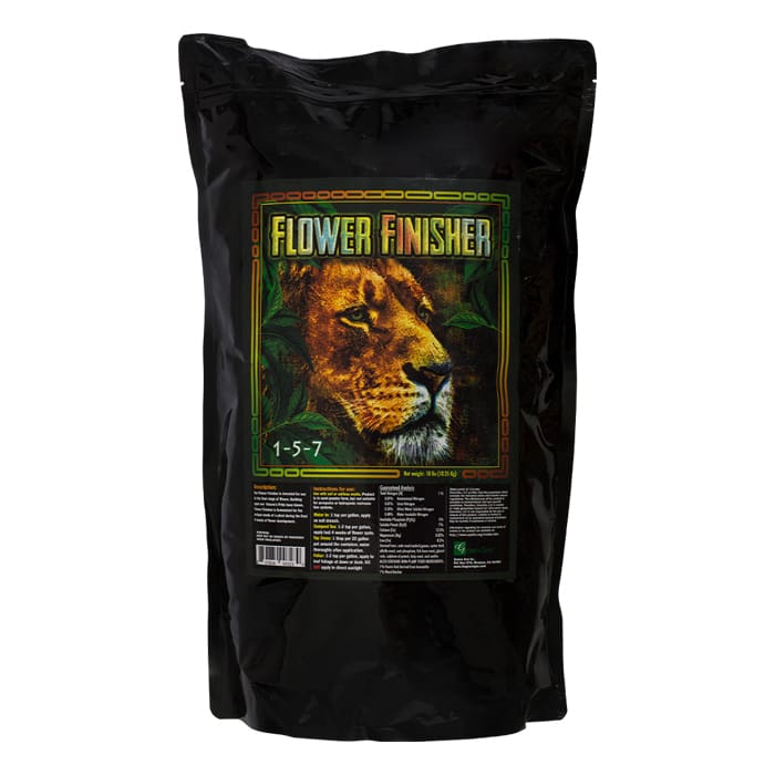 Flower finisher fertilizer bag with lion image.