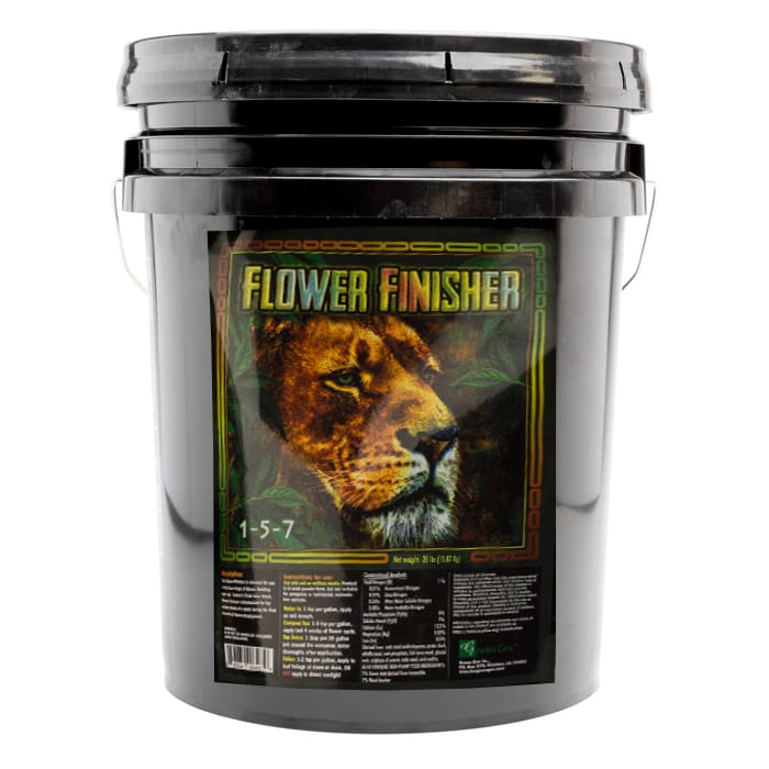 Black bucket labeled "Flower Finisher" with lion.