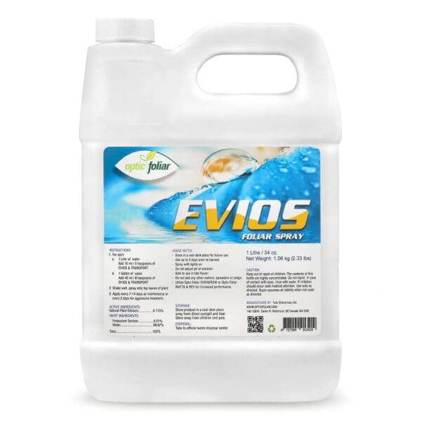 EVIOS foliar spray container with instructions.