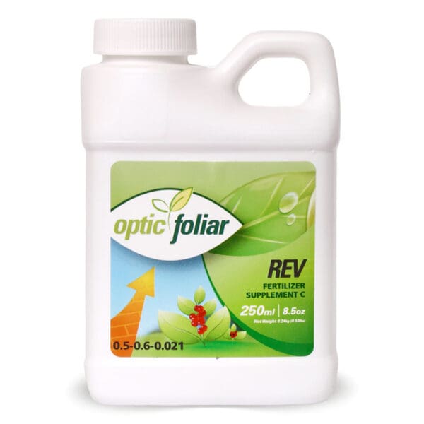 Optic Foliar REV fertilizer supplement bottle.