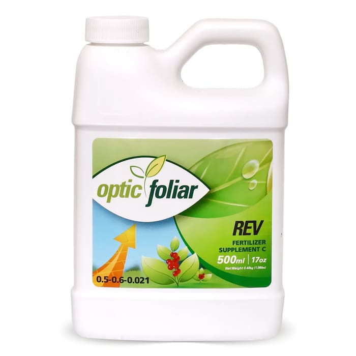 Optic Foliar REV fertilizer supplement bottle.