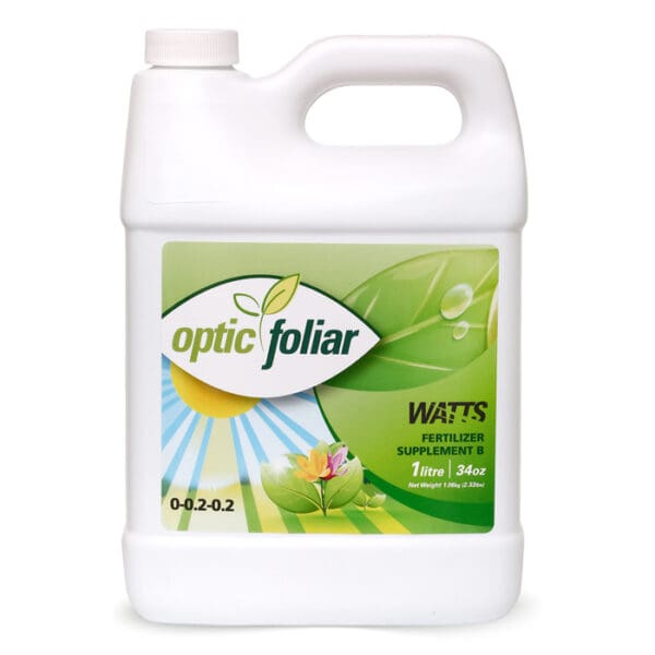 Optic Foliar fertilizer supplement in white container.