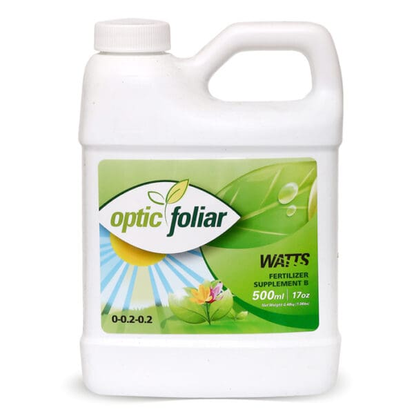 Optic Foliar fertilizer in white container.