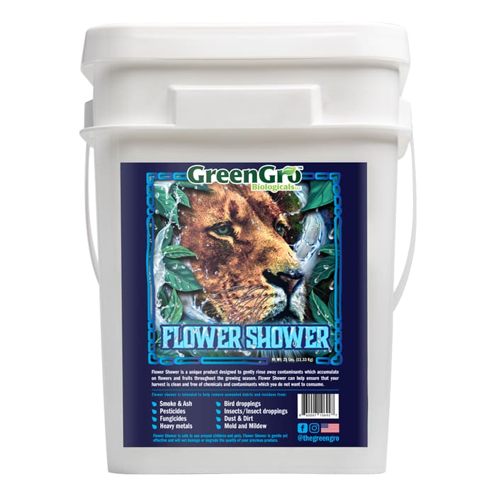 White container labeled "Flower Shower" with lion.