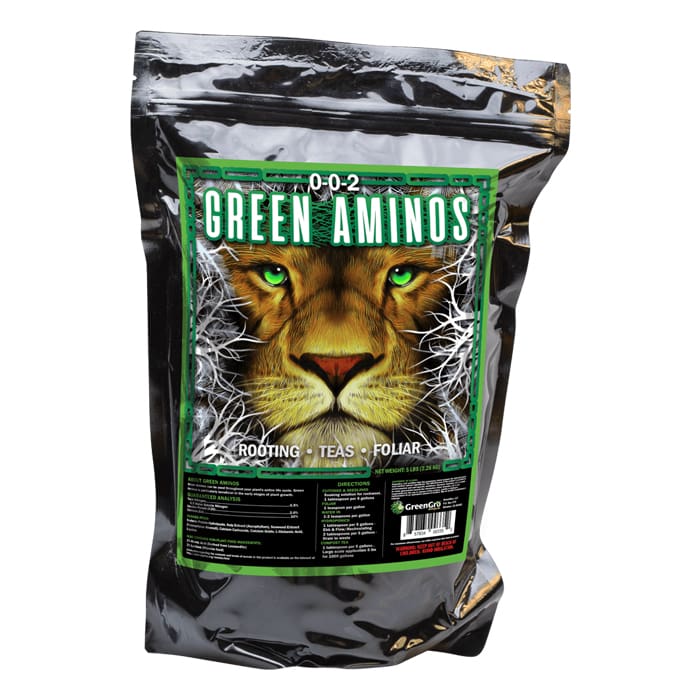 Green Aminos product bag with lion design.