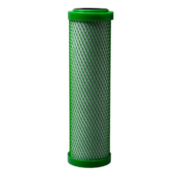 Green water filter cartridge on white background.