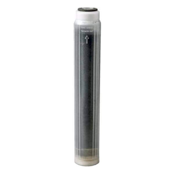 Black water filter cartridge in a clear casing.