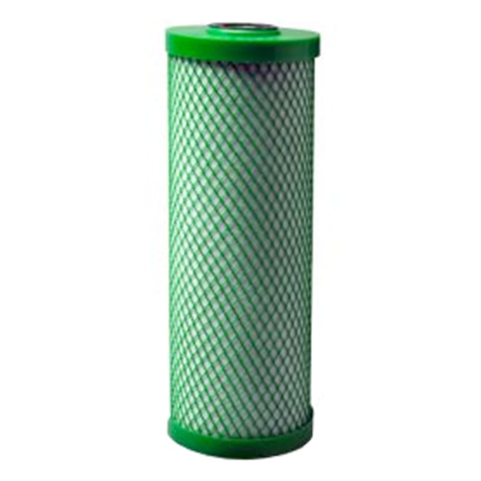 Green water filter cartridge with mesh design.