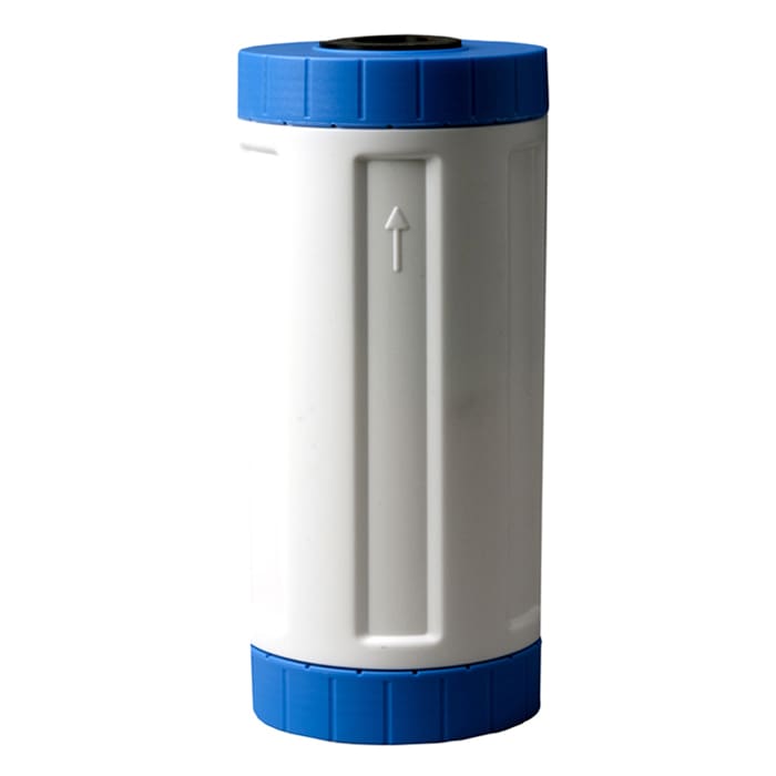 White cylinder with blue caps, upward arrow.