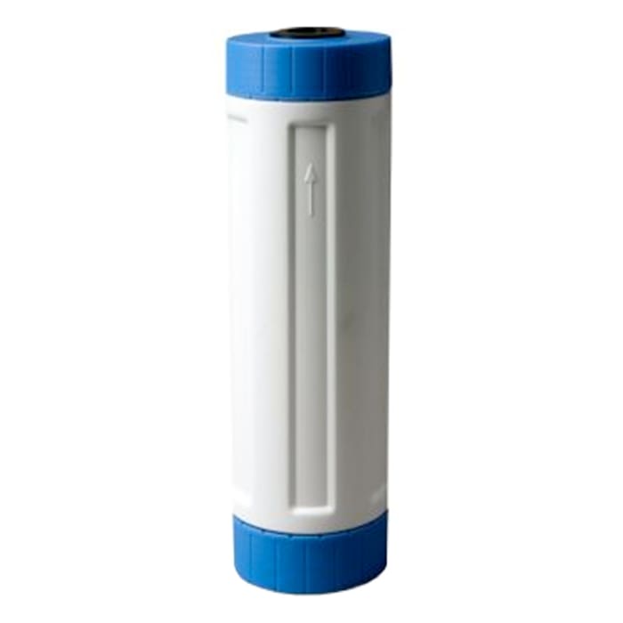 Water filter cartridge with blue top.