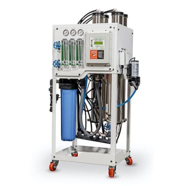 Water purification system on mobile cart.