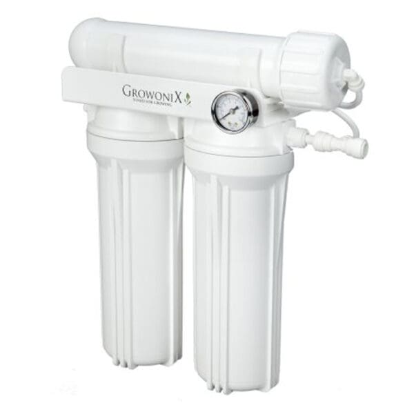 White water filtration system with pressure gauge.