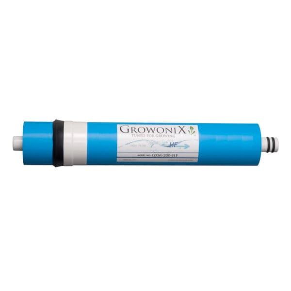 Blue water filter cartridge labeled GrowoniX.