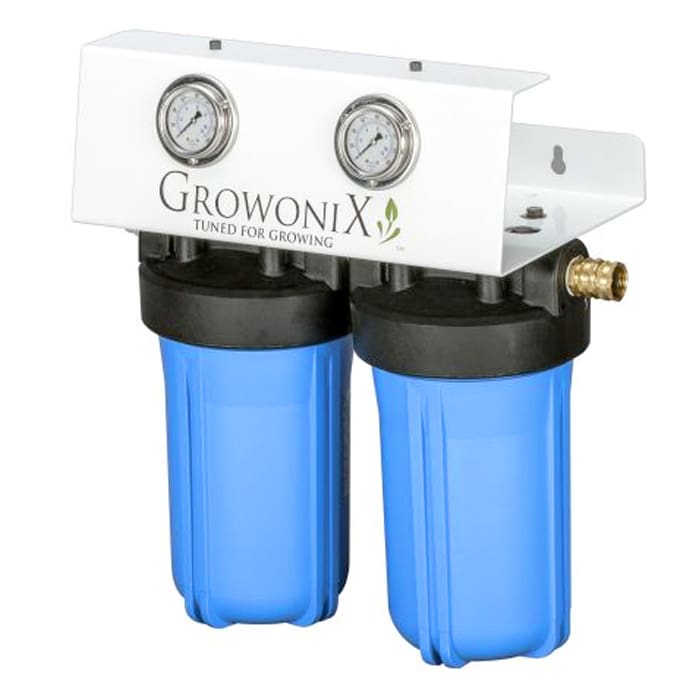 Dual water filtration system with pressure gauges.