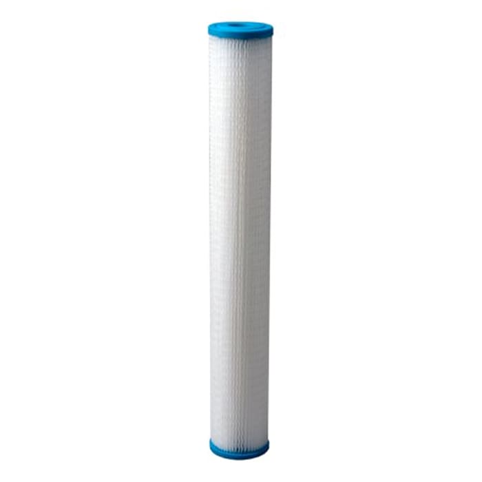 Water filter cartridge with blue top.