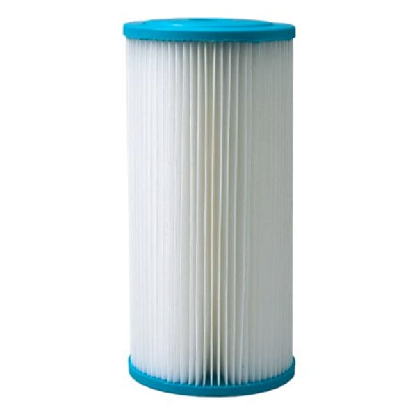 Blue and white cylindrical water filter cartridge.