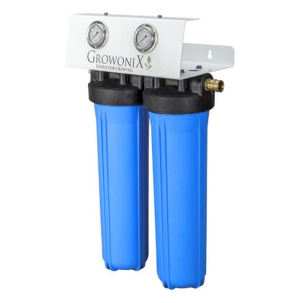 Water filtration system with blue cartridges.