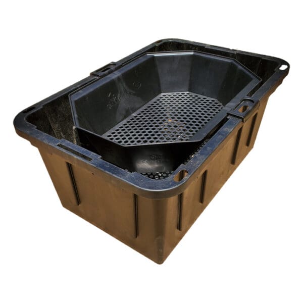 Black plastic storage container with perforated insert.